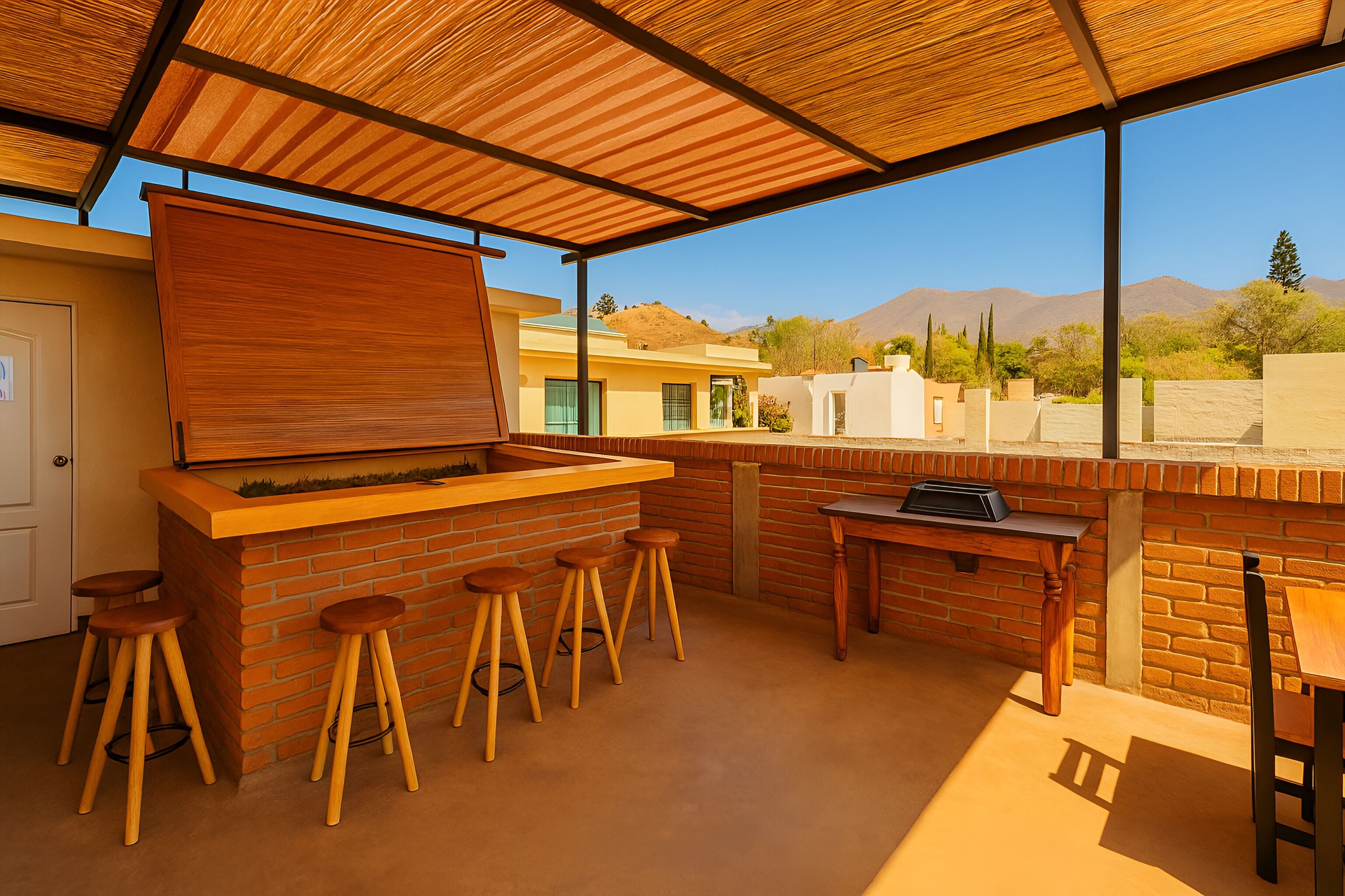 Patio esterno con zona barbecue in mattoni, sgabelli di legno e un tavolo.