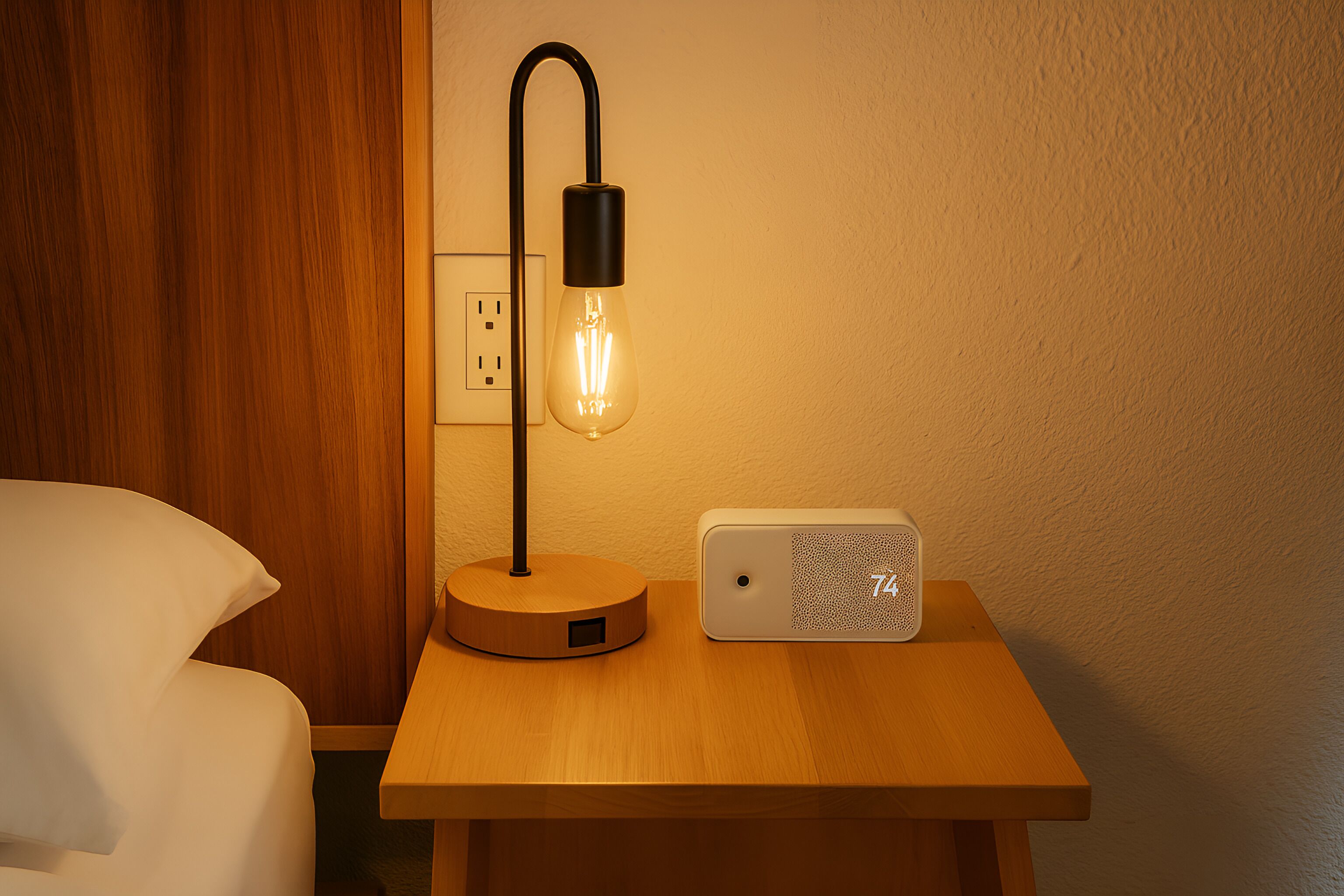 A wooden bedside table with a lamp, a white pillow, and a white speaker.
