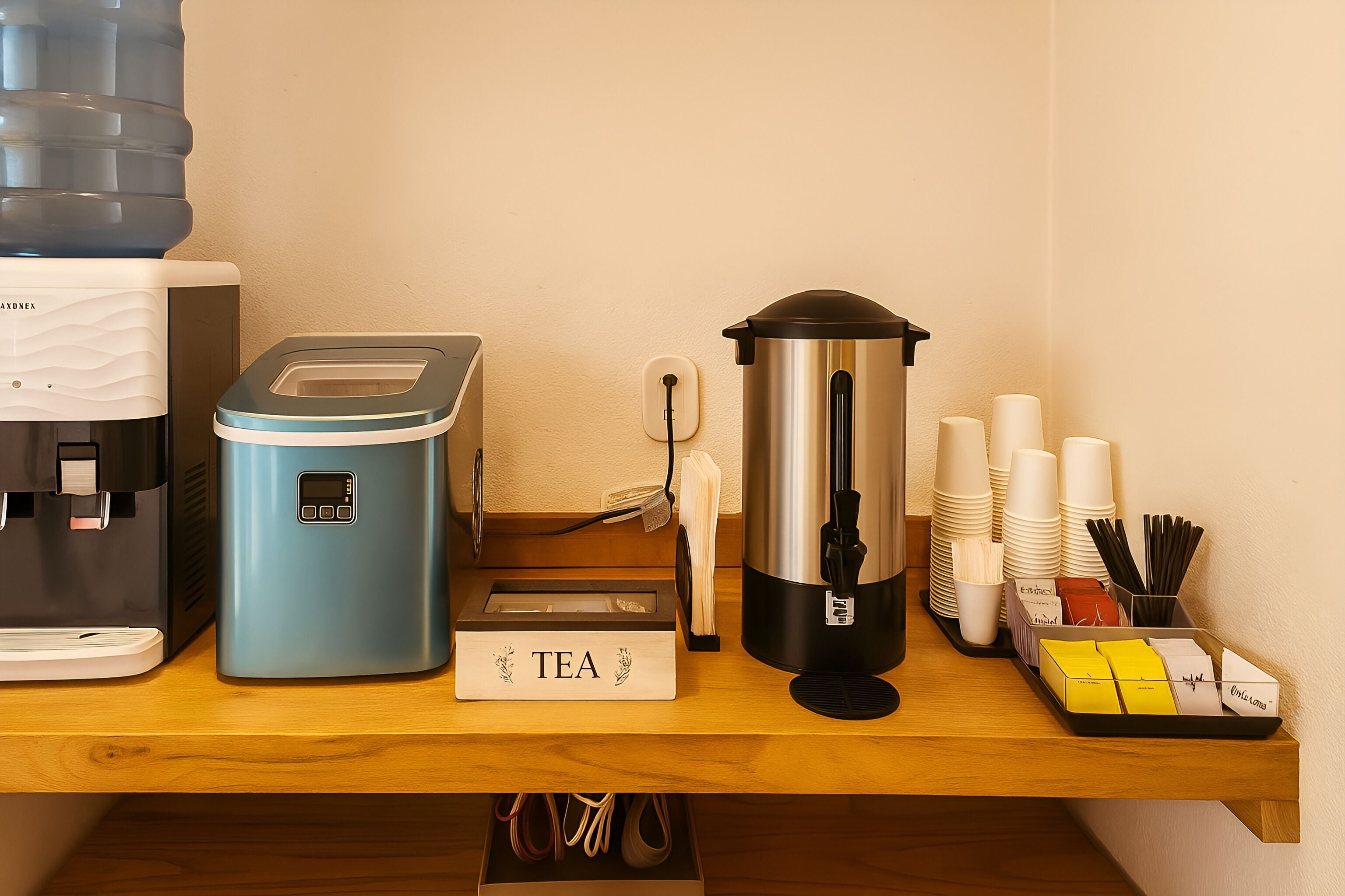En kaffestation med en vattenautomat, en kaffemaskin, en teberedningsstation och engångsmuggar.