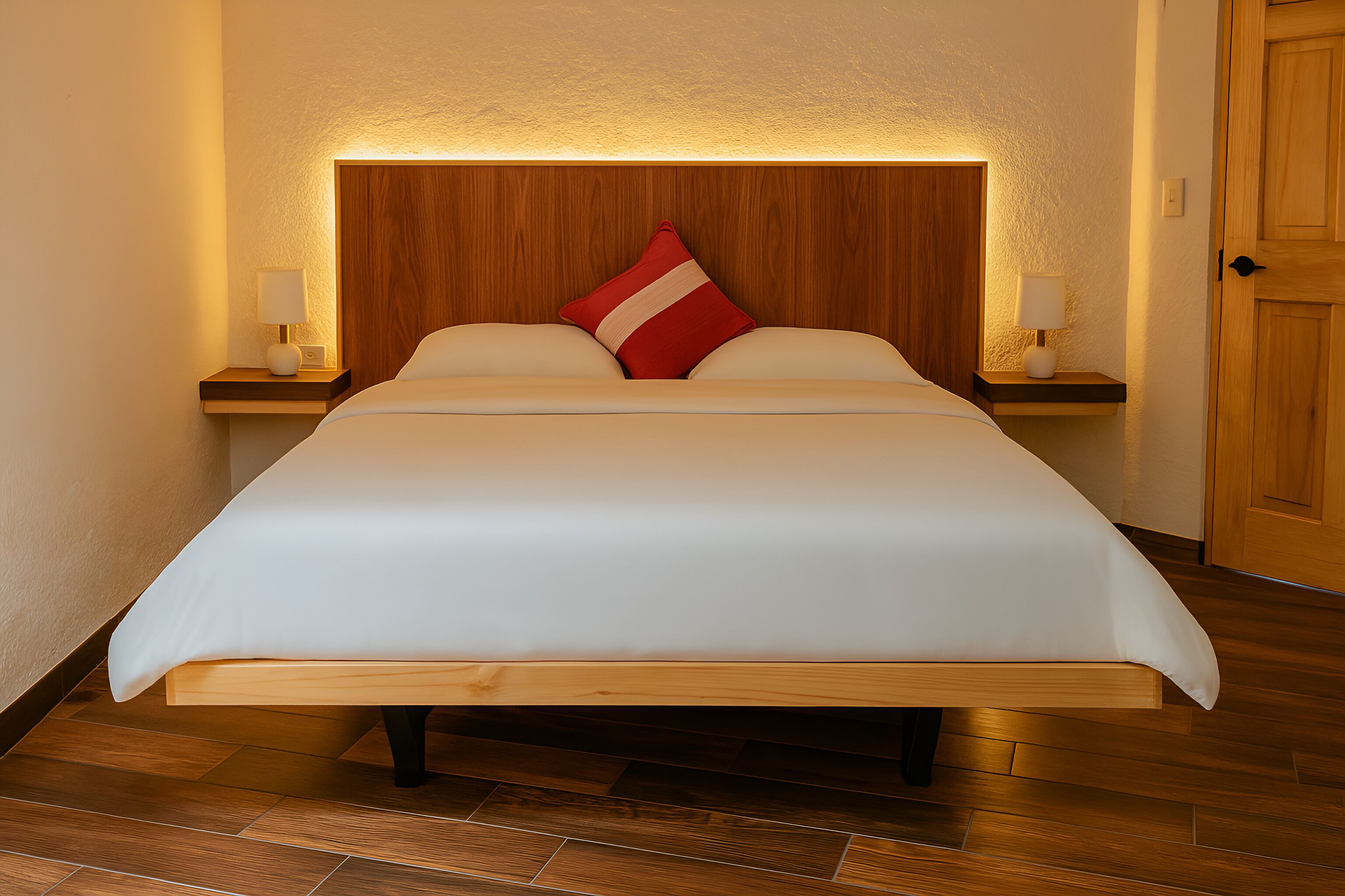 Una cama bien hecha con cabecera de madera, dos mesitas de noche con lámparas y una puerta de madera.
