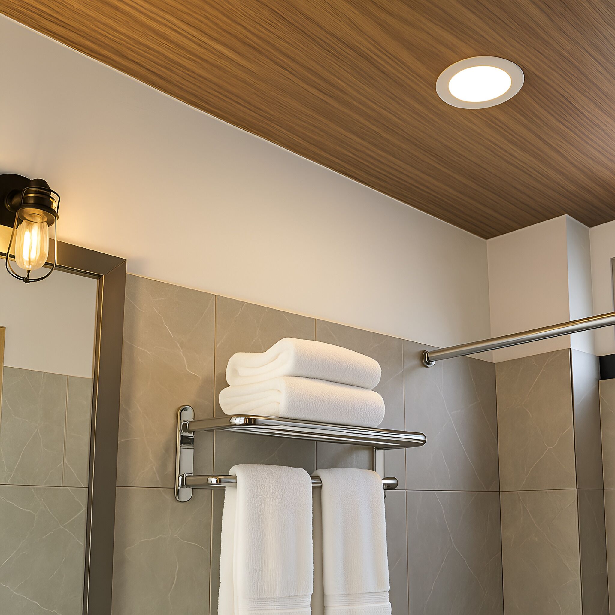 Une salle de bain moderne avec un plafond en bois, un porte-serviettes mural et un luminaire.