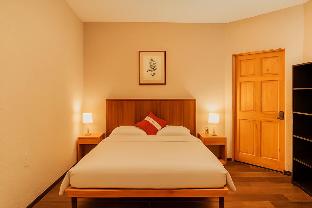 A hotel room with a wooden bed, two bedside tables with lamps, a framed botanical print on the wall, and a wooden door.