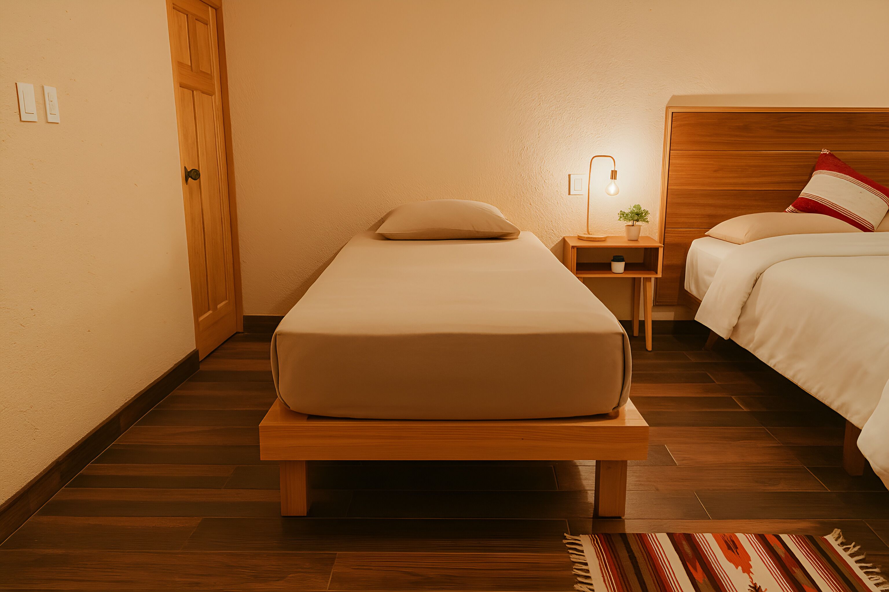 Una cama individual con cabecera de madera, una mesita de noche con lámpara y una pequeña planta en maceta.
