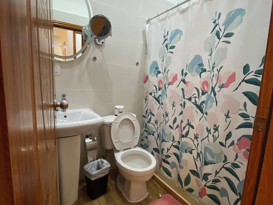 A bathroom with a toilet, sink, and shower curtain.
