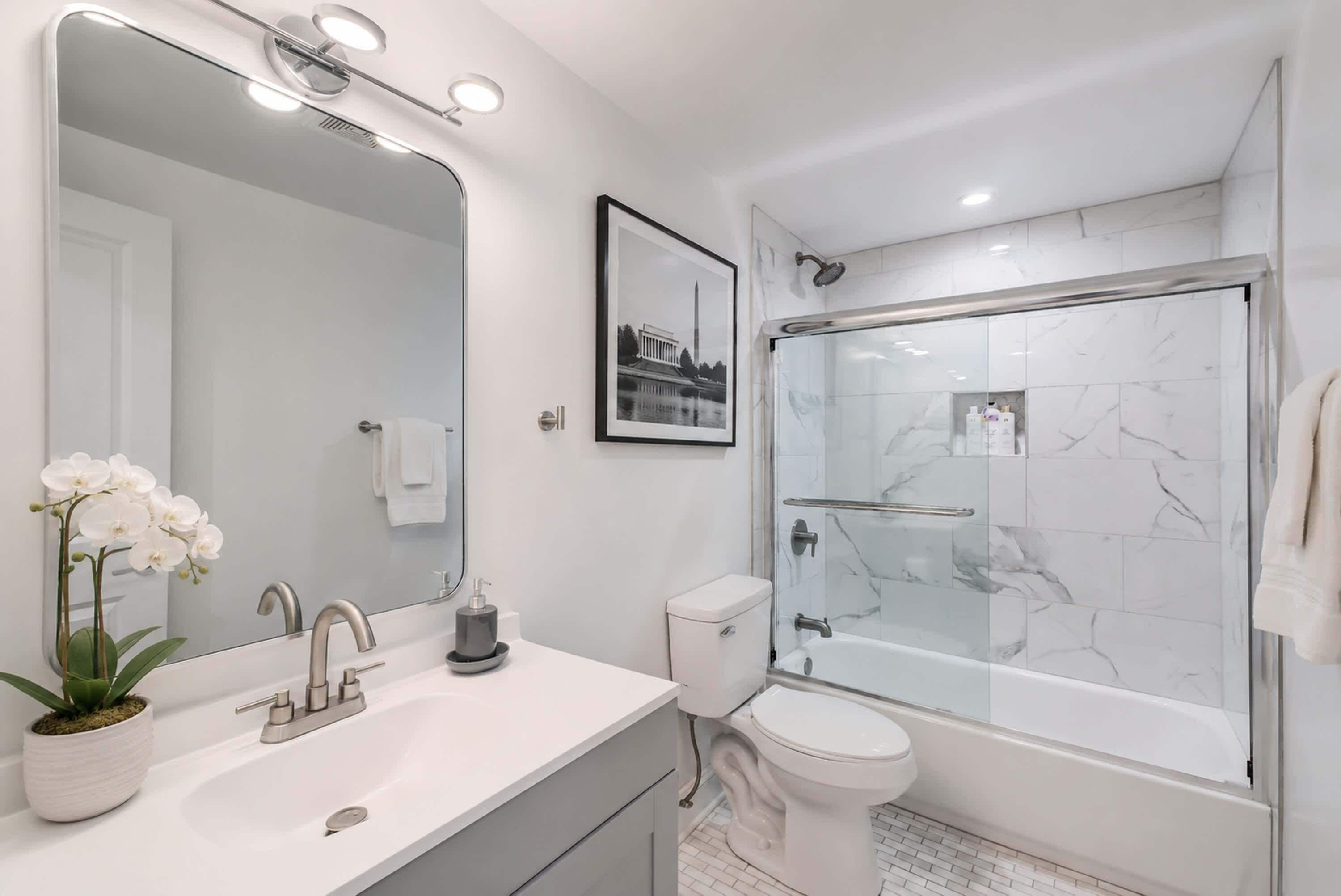 Combined shower/tub, hair dryer, towels, soap