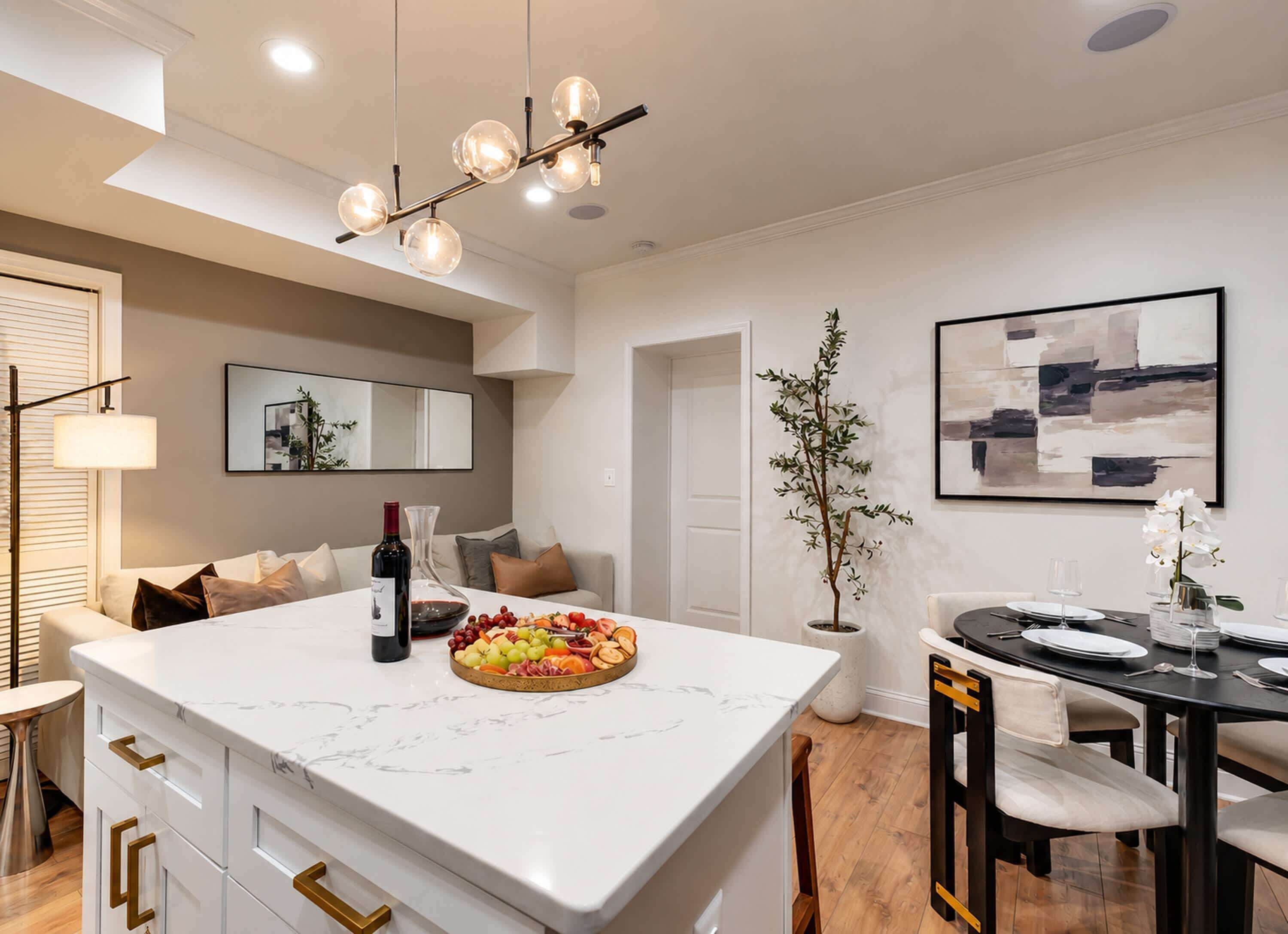 A modern kitchen with a marble island, a dining area with a black table and chairs, and a living area with a sofa and a plant.