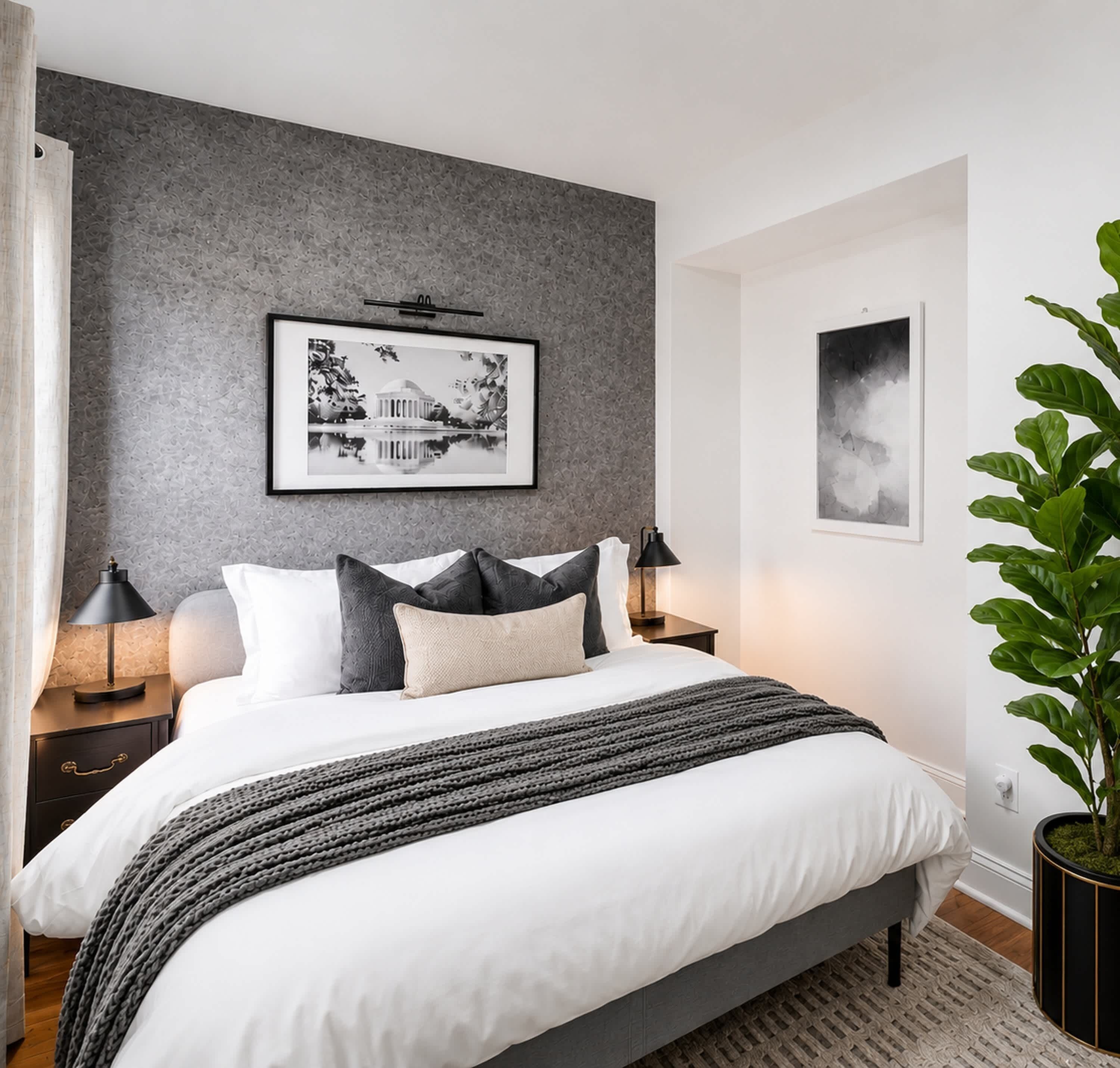 A bedroom with a bed, two bedside tables, a nightstand, a potted plant, and two framed pictures on the wall.