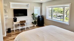 A bedroom with a bed, a desk with a TV, a ceiling fan, and a window with a view of the outside. - Kate Sessions Park Large Private Entry Room (San Diego)