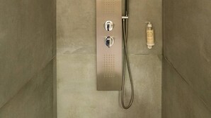 A modern shower with a control panel, a handheld showerhead, and a bottle of shampoo. - Studio Lower-level w/ kitchenett and patio (Santana)