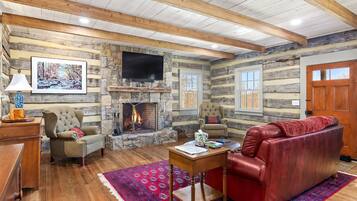 TV connectée, cheminée, livres, chaßne hi-fi