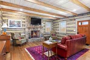 Smart TV, fireplace, books, stereo