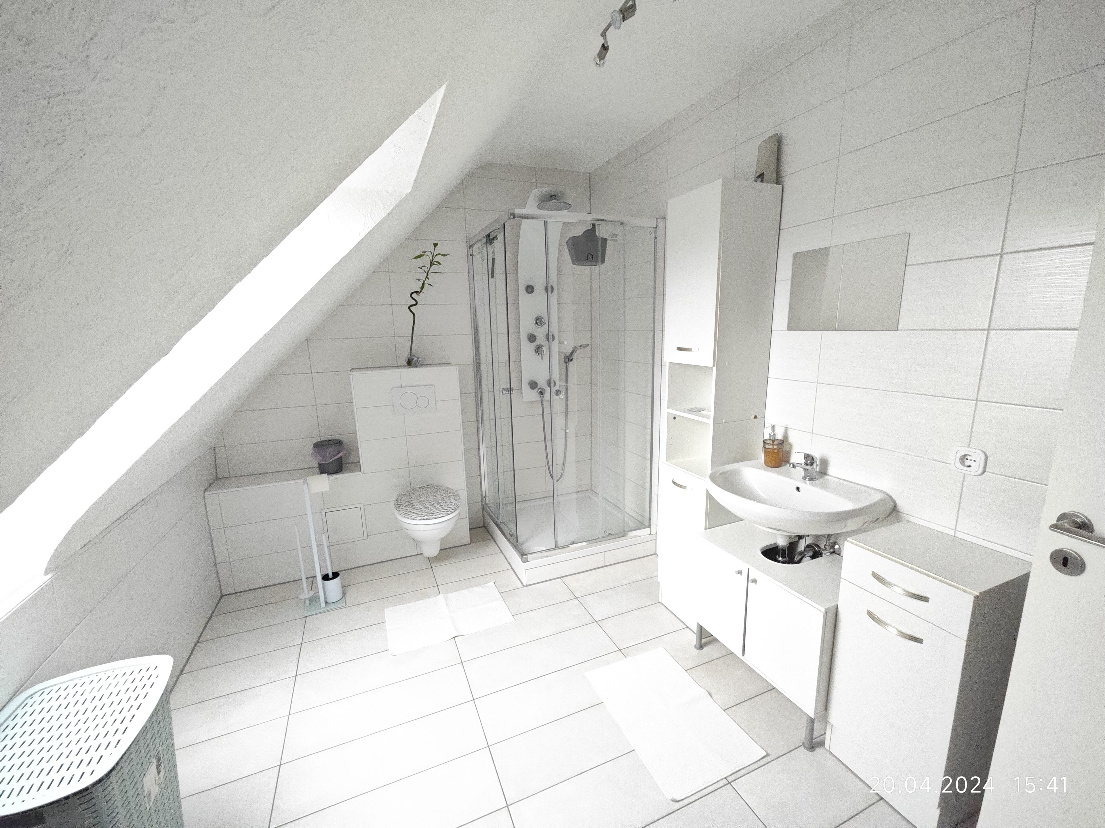 Douche, sèche-cheveux, serviettes fournies, savon
