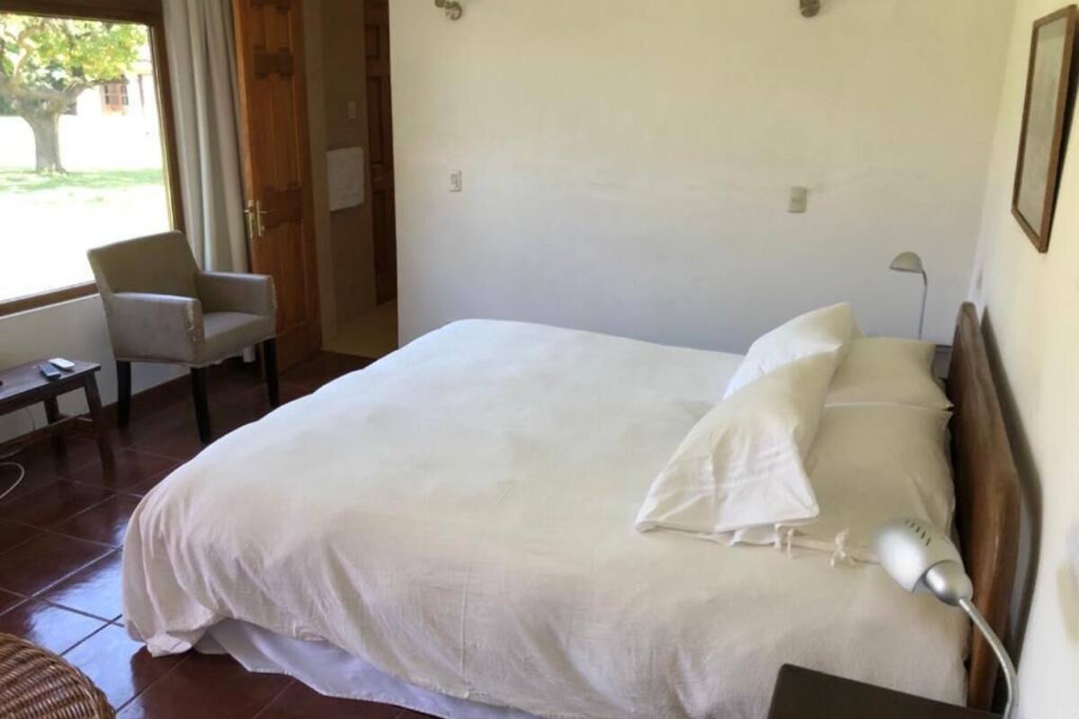 Un dormitorio con una cama grande, una silla, un escritorio y una lámpara.