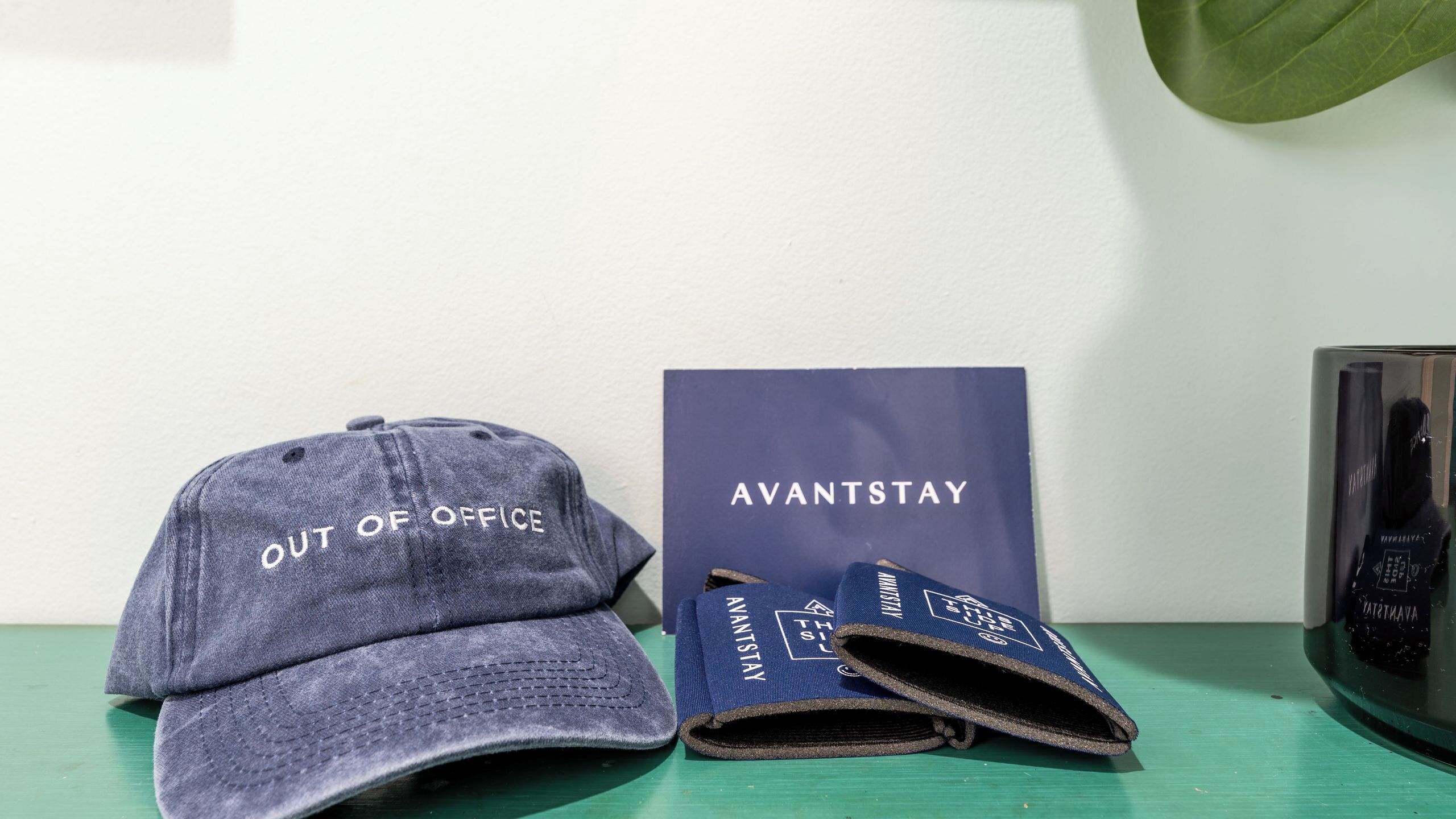 A cap, a blue booklet, and a black cylindrical object on a green surface.