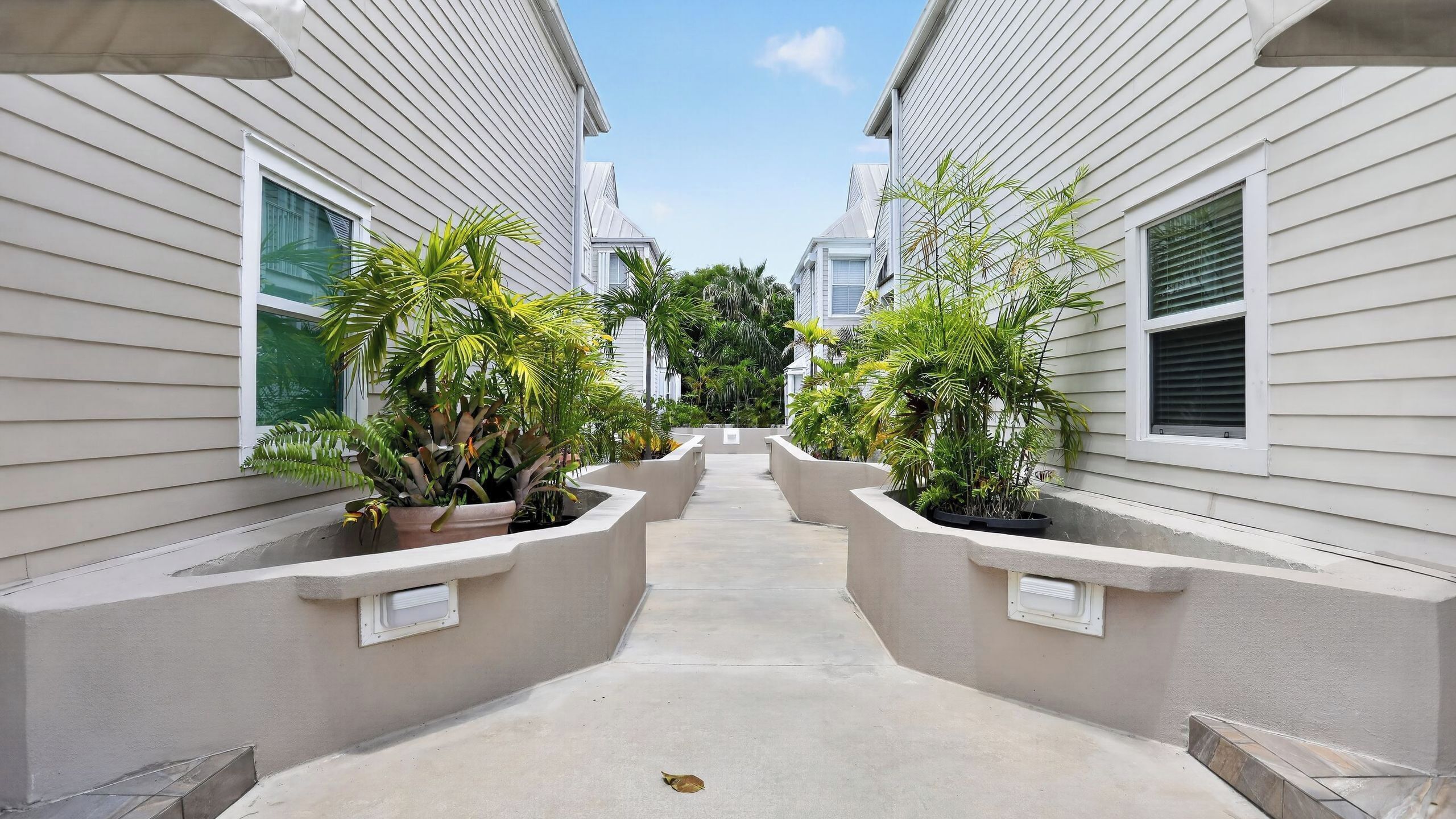 A narrow pathway flanked by two buildings with potted plants and a clear sky.