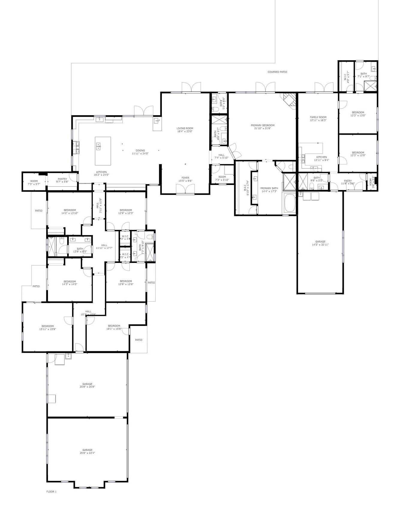 Un plan d’étage d’un immeuble résidentiel à plusieurs étages, comprenant différents espaces, notamment des chambres, des salles de bain, une cuisine, un coin repas et un patio couvert.
