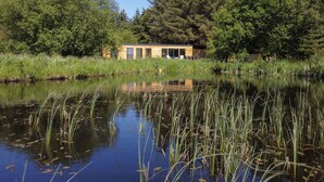 Eine Holzhütte mit großem Fenster und einer Tür, umgeben von dichtem Wald und einem stillen Teich.
