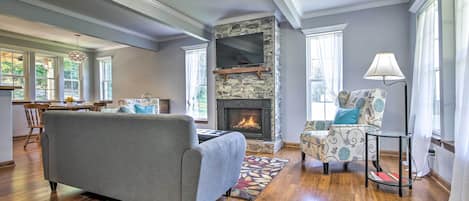 Televisión, chimenea y libros