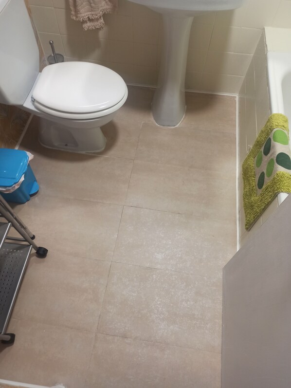 Ensemble baignoire-douche, articles de toilette (gratuits)