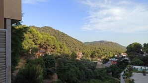 Vista desde una ladera con edificios y vegetación.
