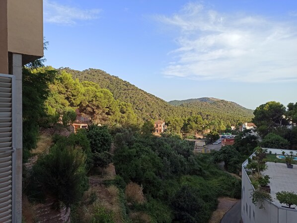 A hillside view with buildings and greenery.