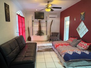 Leilighet – deluxe, 1 soverom, tekjøkken, 1. etasje | Oppholdsområde | En 50-tommers LCD-TV med digitale kanaler samt TV