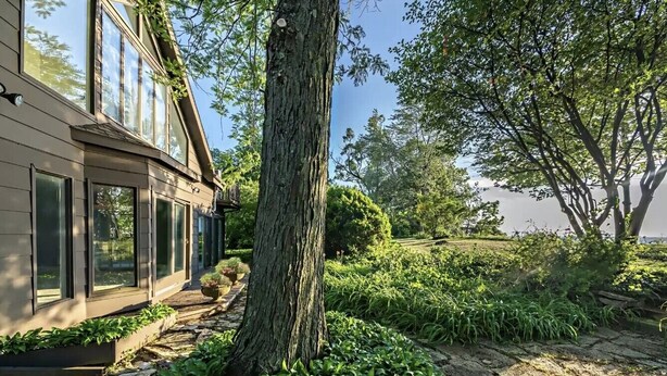 Une maison moderne dotée de grandes fenêtres, d’un chemin en pierre et d’un jardin bien entretenu où poussent différentes espèces de plantes et un arbre.