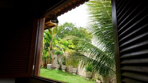 Una ventana con vista a un jardín con diversas plantas en macetas y una estructura de madera.