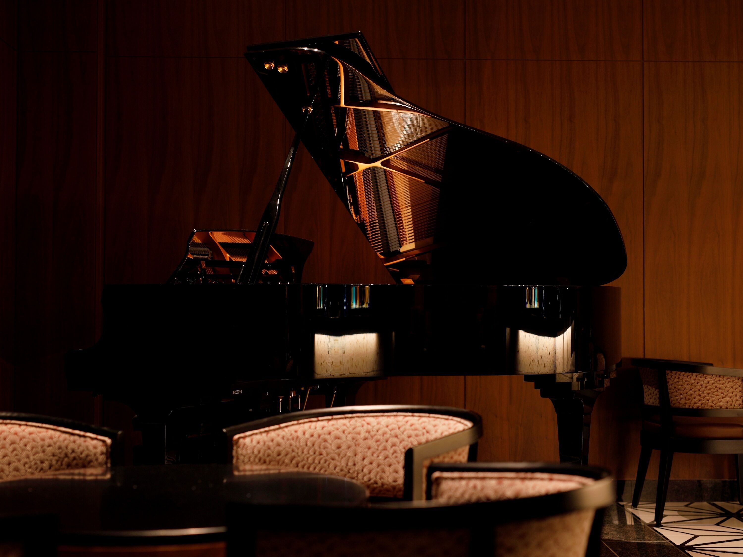 A grand piano in a dimly lit room with wooden paneling and patterned chairs.