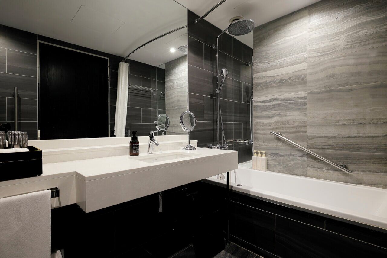A modern bathroom with a dual sink vanity, a large mirror, a shower with a handheld showerhead, and a bathtub.