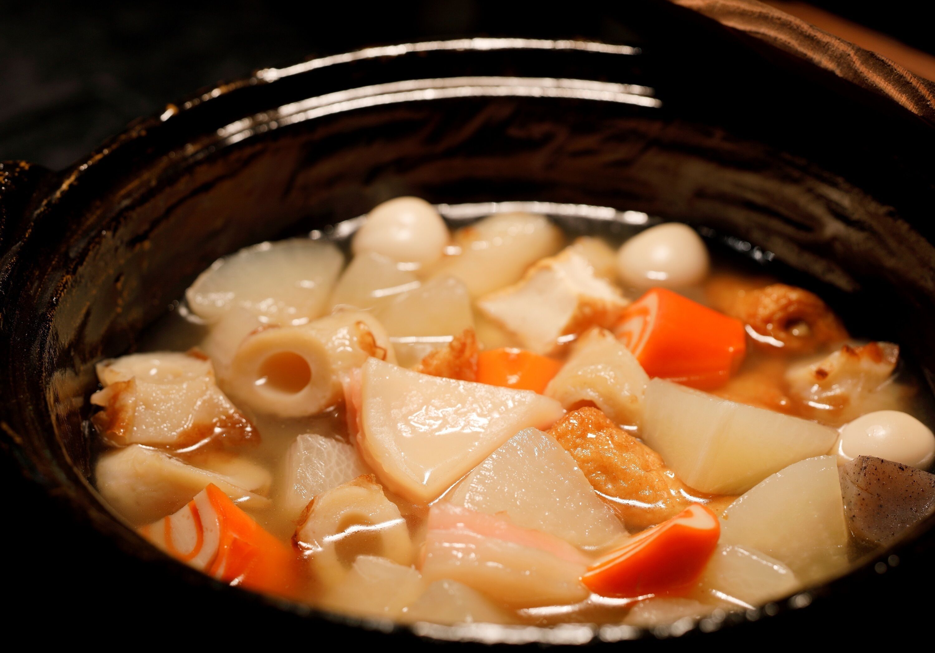 A close-up of a stew with various vegetables and meat in a dark bowl.