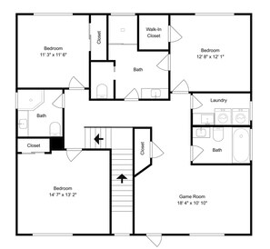 A floor plan with three bedrooms, two bathrooms, a walk-in closet, a laundry area, and a game room. - Pearl of the Sea by Ryson Vacation Rentals (Galveston)