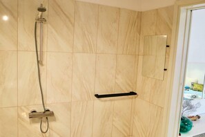 Shower, hair dryer, towels