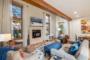 Smart TV, fireplace, books