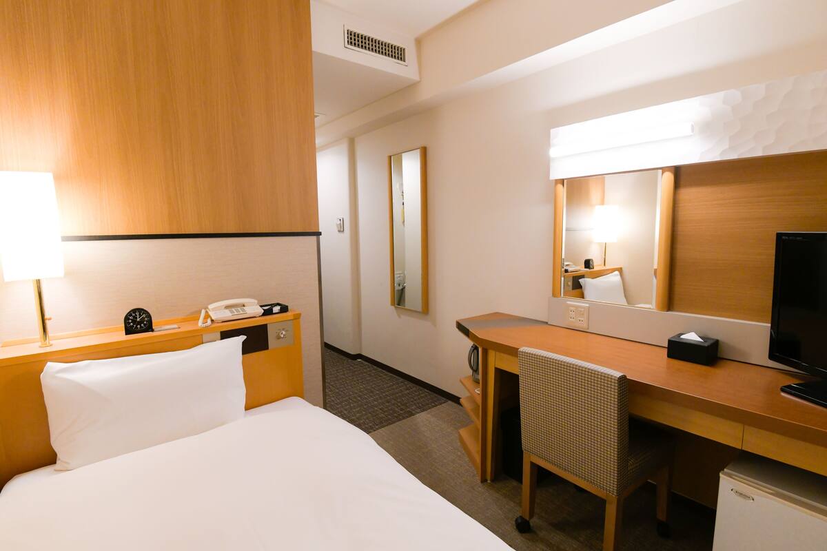 A hotel room with a bed, a desk, a chair, a television, a mirror, a lamp, and a telephone.