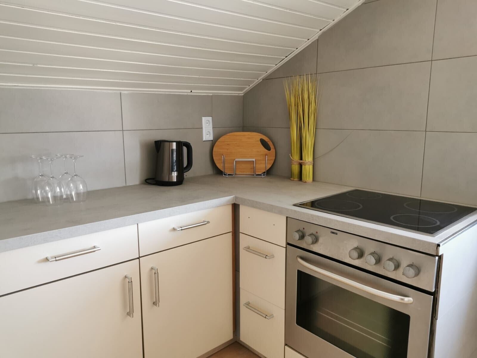 Cafetera/tetera, refrigerador, horno, placa de cocina