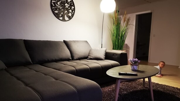 Un salon moderne avec un canapé d’angle, une table basse ronde et une plante en pot.