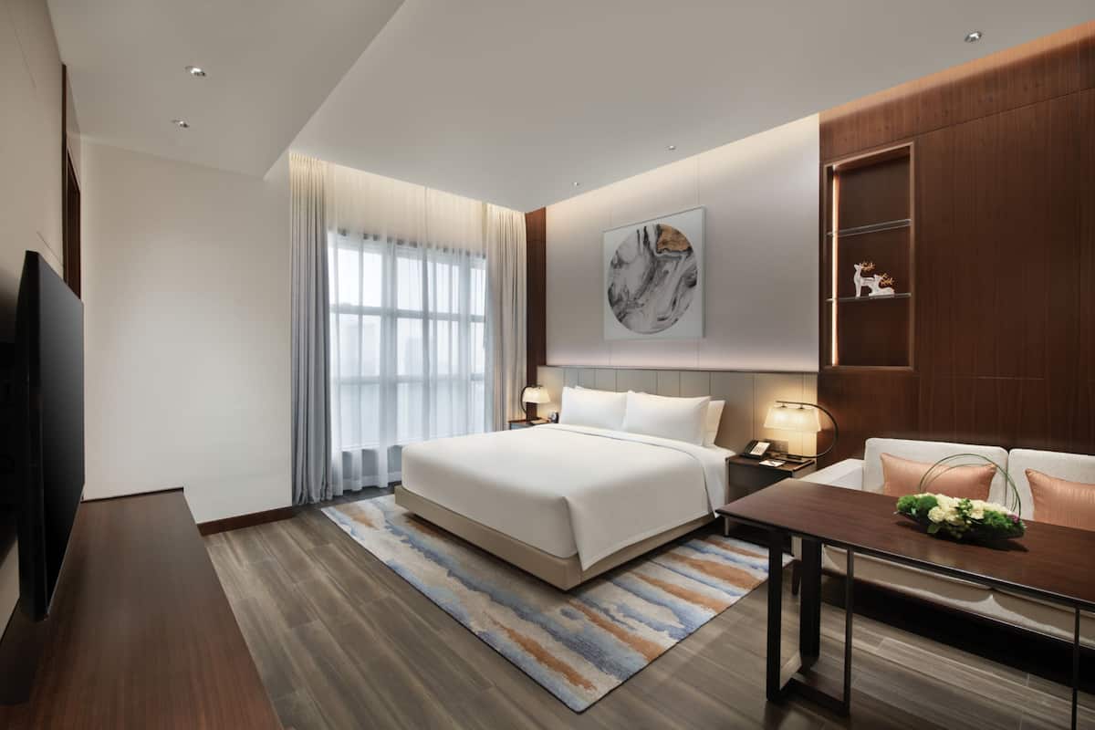 A modern hotel room with a large bed, a flat-screen TV, a desk with a lamp, and a decorative shelf.