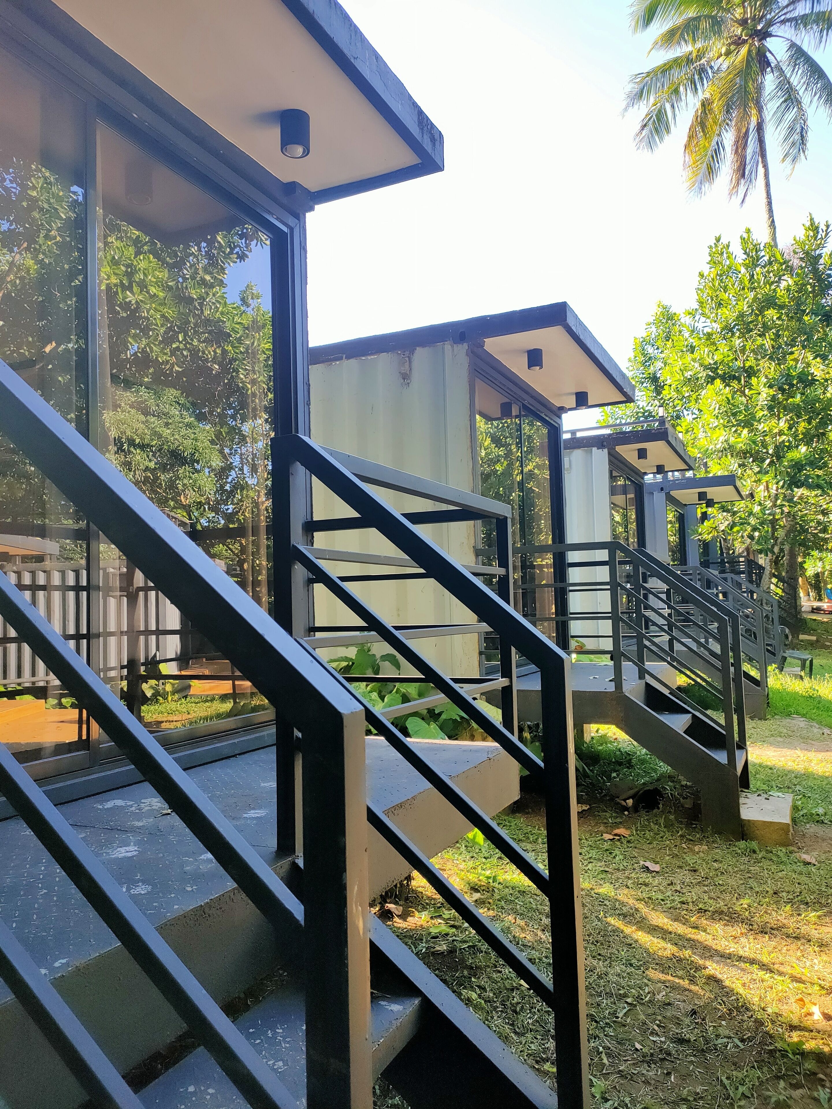 A modern building with a glass facade, outdoor stairs, and a palm tree in the background.