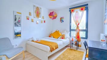 Individually decorated, individually furnished, desk, laptop workspace