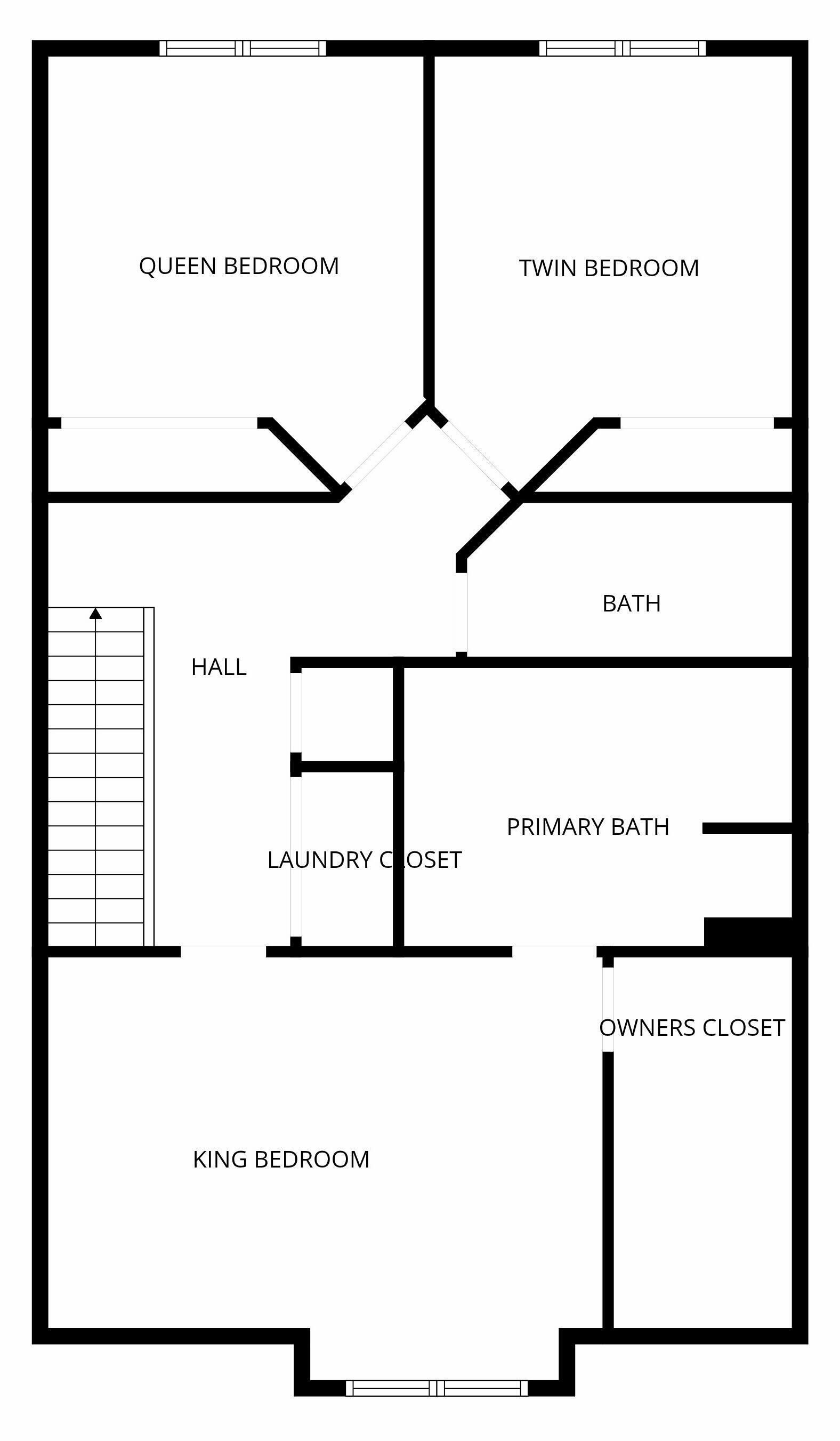 A floor plan with a queen bedroom, twin bedroom, king bedroom, hall, primary bath, owners closet, laundry closet, and a bath.