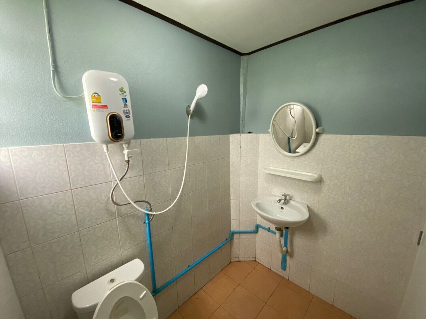 A small bathroom with a toilet, a sink, and a shower with a handheld showerhead.