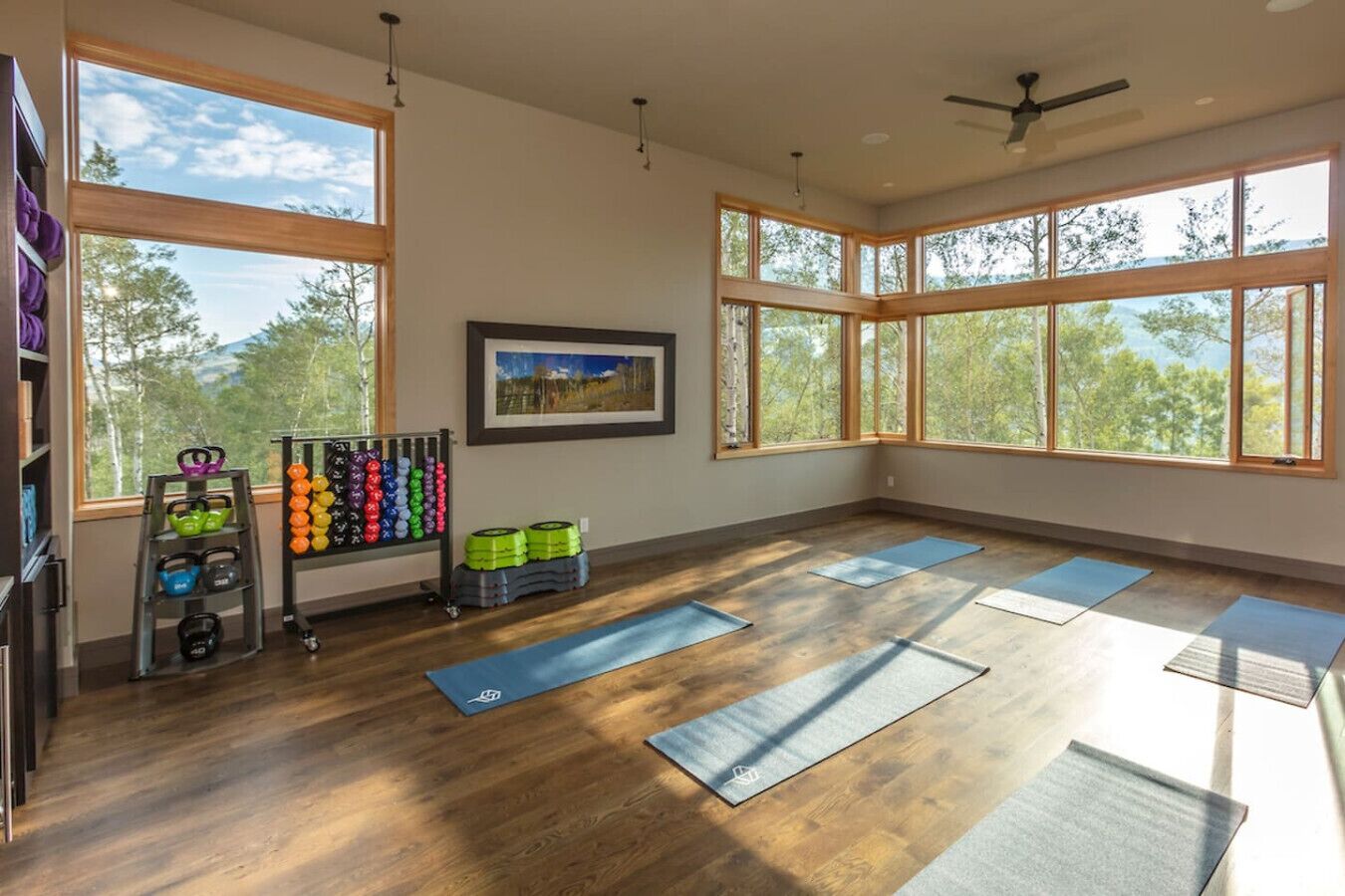 A spacious room with large windows, wooden flooring, and exercise mats.