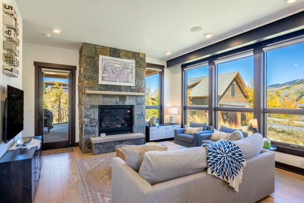 Smart TV, fireplace, books, stereo