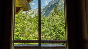 Vista des d'una finestra amb marc de fusta, amb una zona boscosa i muntanyes al fons.
