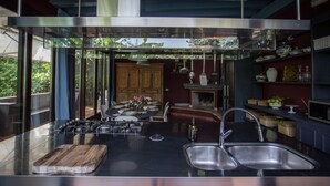 Een moderne keuken met een centraal eiland, roestvrijstalen apparatuur en een groot raam met uitzicht op groen.