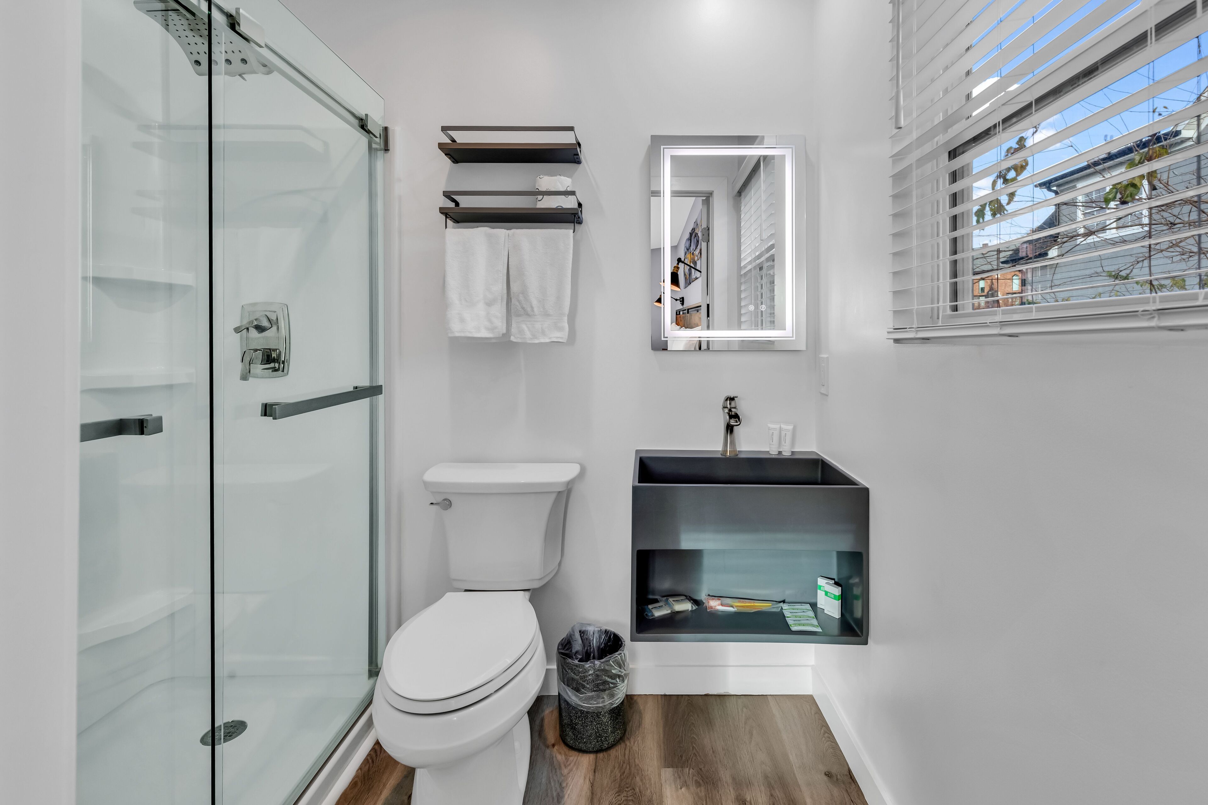 A modern bathroom with a glass shower enclosure, a white toilet, a mirror with a light, and a built-in sink with storage.
