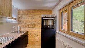 A compact kitchen with wooden paneling, a built-in oven, and a window with a view of the outdoors. - HUS 24 (Schroecken)
