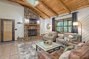 Smart TV, fireplace, books