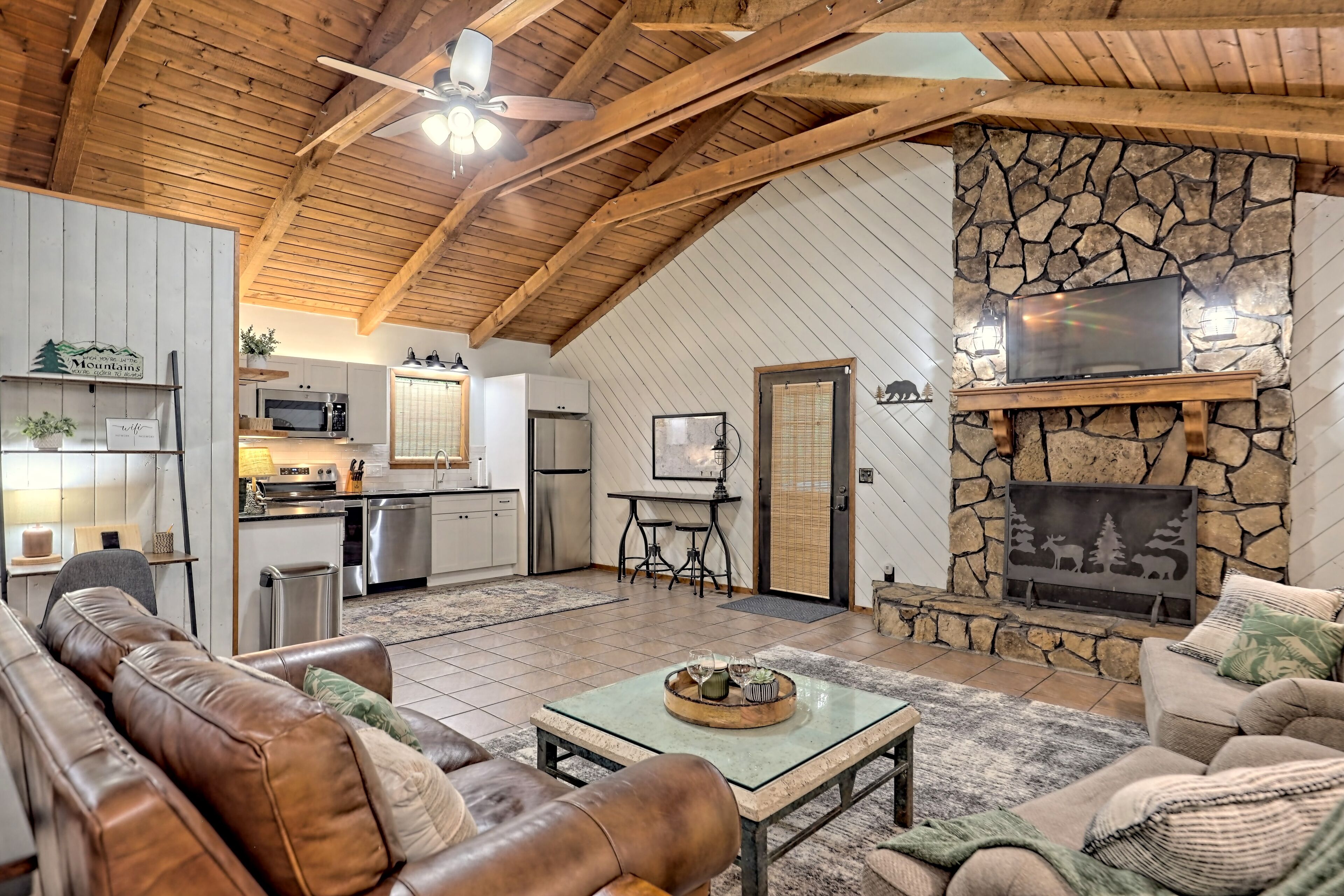 Smart TV, fireplace, books